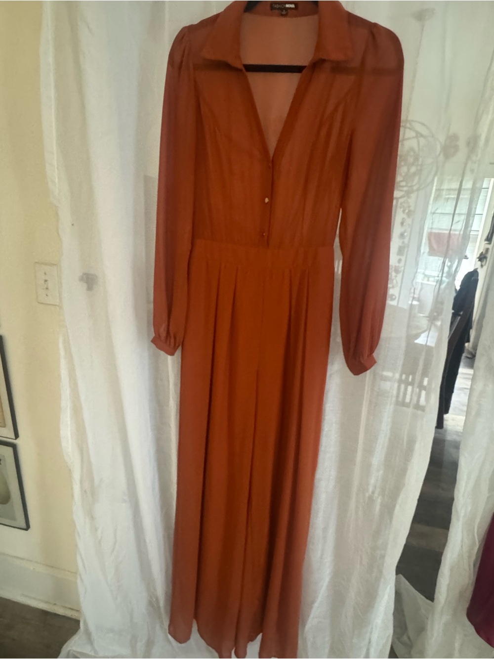 Fashion Nova Rust Orange Maxi Dress with Collar - Picture 1 of 4